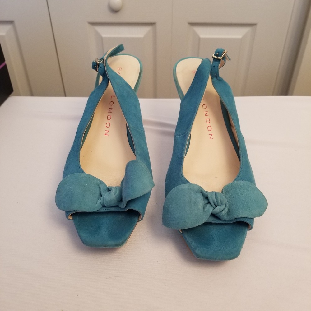 Sacha London Teal Blue Suede Peep Toe Slingback Heels Bow Accent Square Toe 10